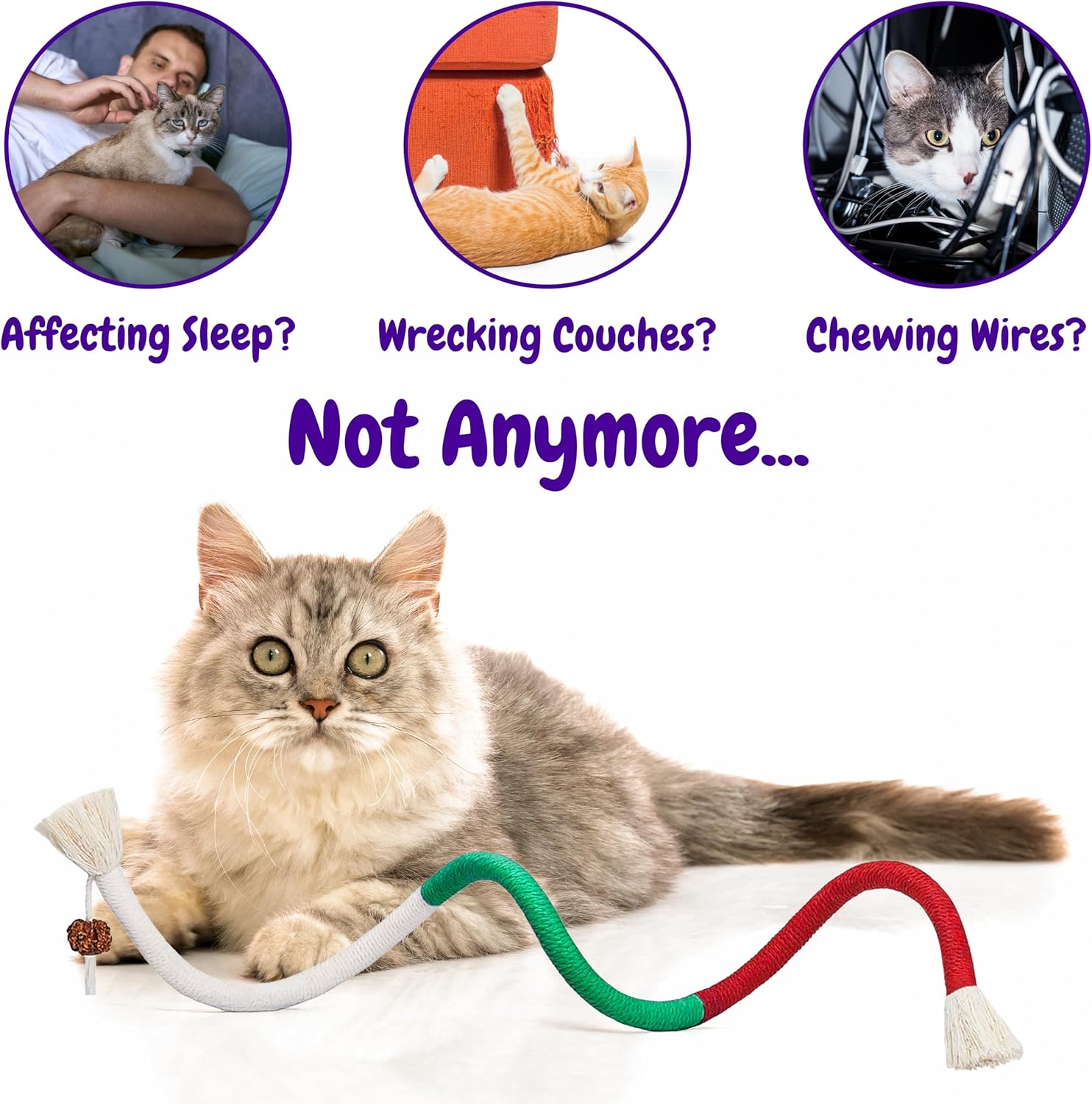 Cat Chew Rope - 3 Pack Cat Chew Ropes for Teeth Cleaning, Kitten Teething Toys with Stick to Transfer Chewing from Wires to Cotton String